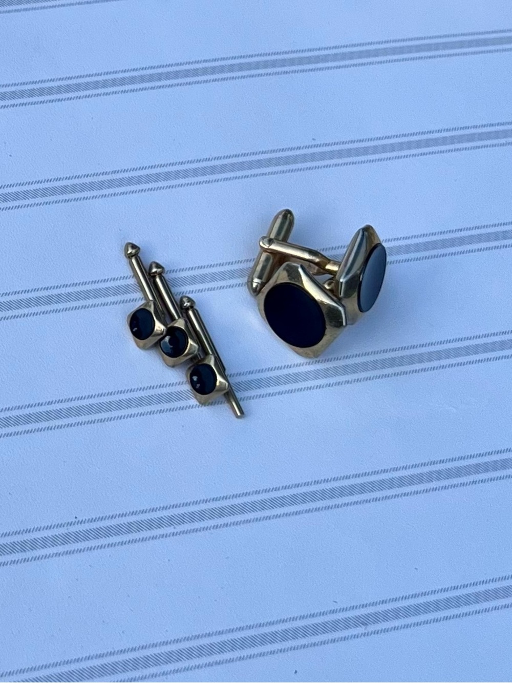 Gold-Tone Cufflinks and Bar Set with Black Centers